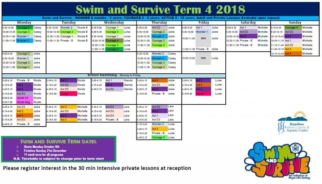 Swimming Timetable Term 4 Hamilton Indoor Leisure and Aquatic Centre